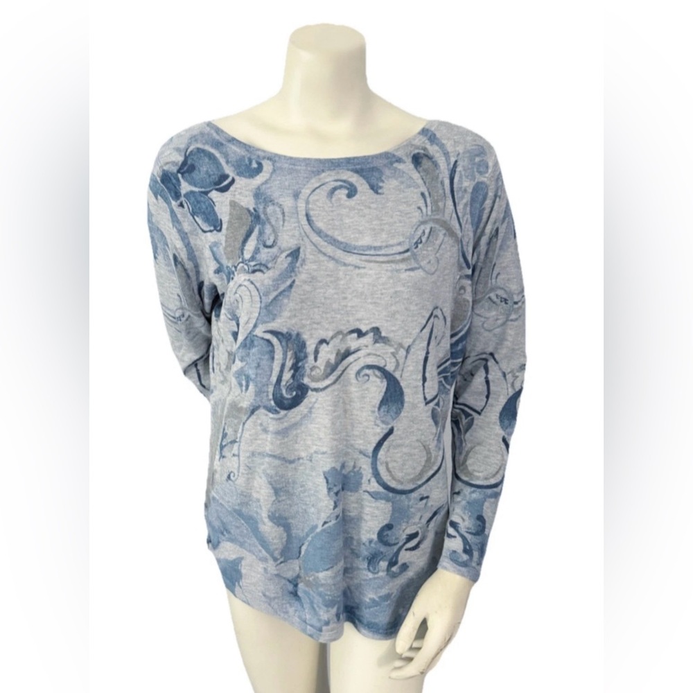 Chico’s 2 L Gray Blue Scroll Floral Print Long Sleeve Lightweight Knit Top